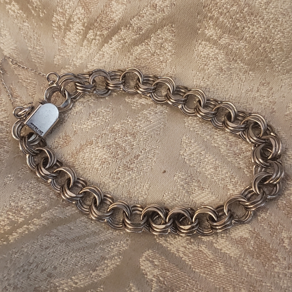 6.5 inches, Vintage Sterling Silver Bracelet, with safety chain, for charms